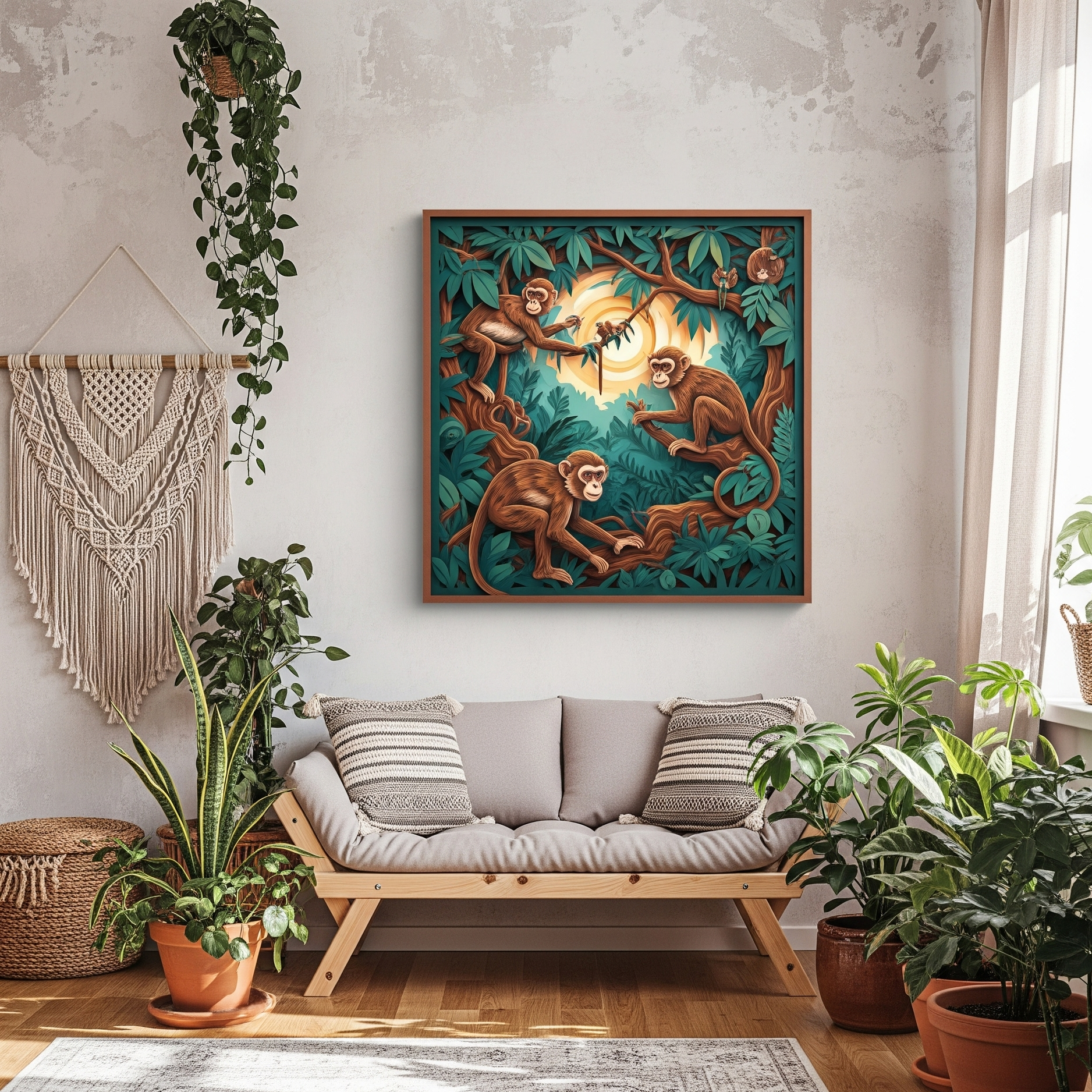 Living room with a wooden sofa, plants, and a colorful monkey artwork on the wall.